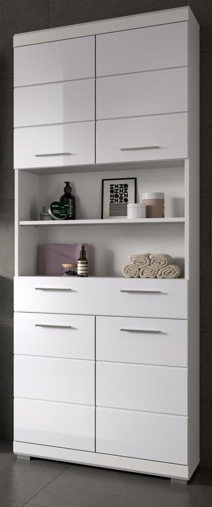 Badezimmer Hochschrank "Shawn" in weiß Hochglanz Badschrank Produktbild 