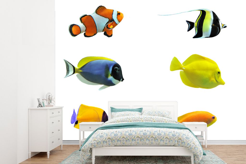 MuchoWow Fototapete für Wohnzimmer oder Schlafzimmer Wandtapete Vinyl Motivtapete Tropisch - Fische - Weiß - 305x220 cm - Wandbilder
