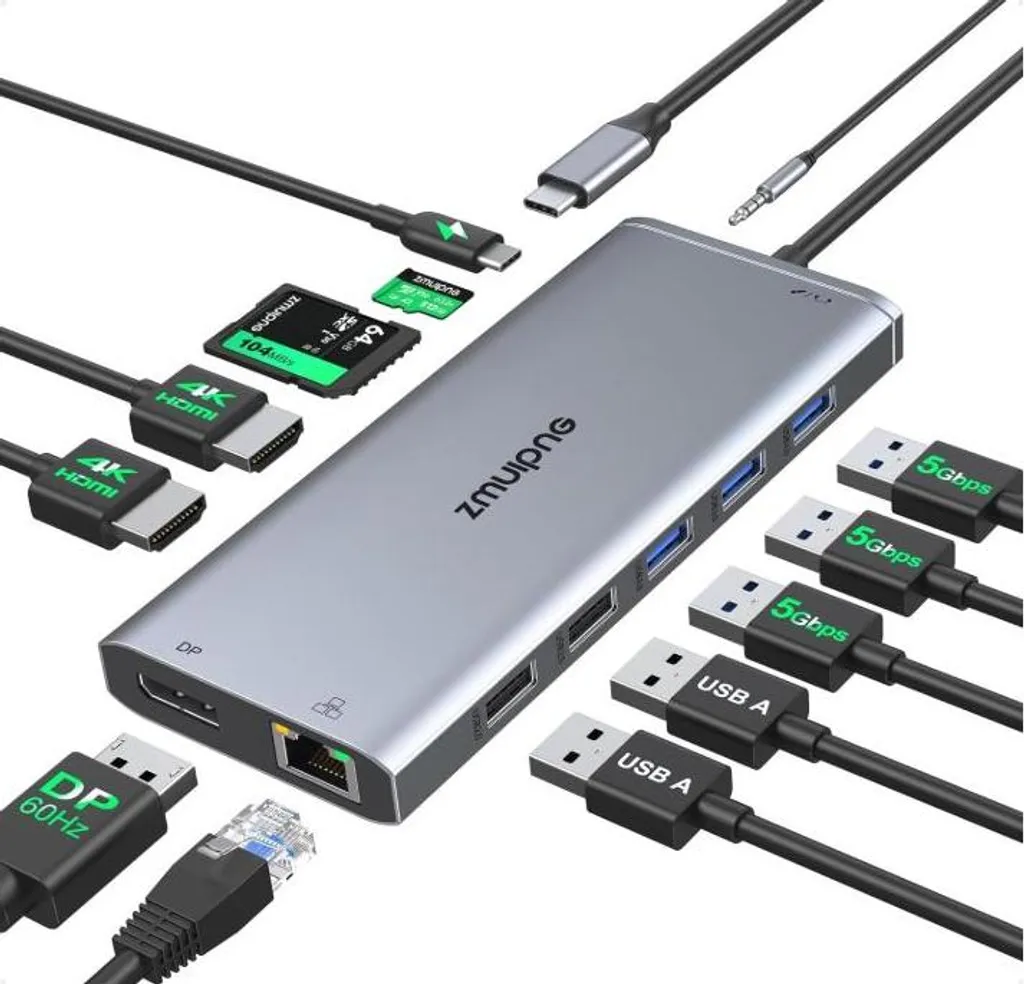Docking station USB C con doppio monitor e triplo schermo, adattatore multiporta USB C Hub, docking station 12 in 1 con 2 HDMI, VGA, Ethernet, 4 USB, PD, SD/TF Kartenleser, audio, Thunderblot 3/4 Dock per Dell, HP, Lenovo