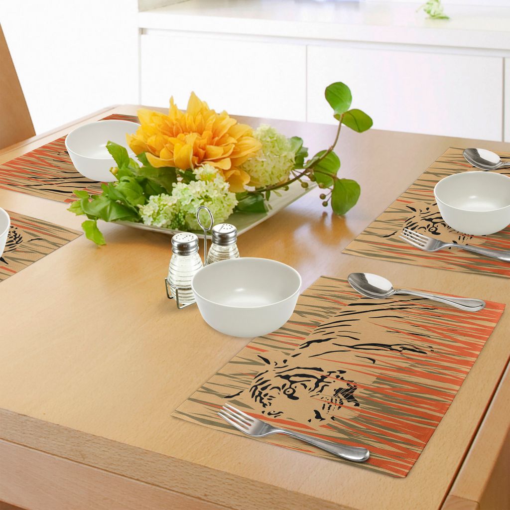 ABAKUHAUS Afrika Platzmatten, Tiger in den Büschen Tarnung Fleischfresser Raubtier Feline African Safari Tier Kunst, Tiscjdeco aus Farbfesten Stof...