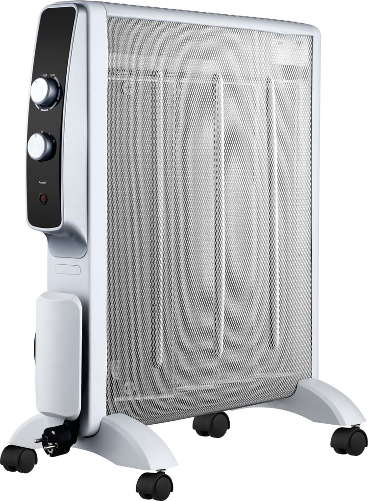A white and silver micathermic heater with wheels is shown against a white background.