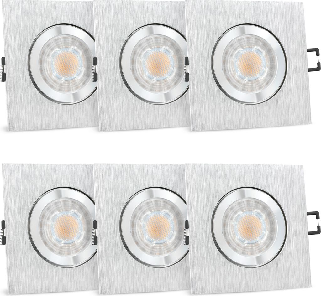 6er Set QW-2 Einbau Deckenstrahler GU10 LED - mit GU10 LED neutralweiß 3W wechselbar - 6x Bad Deckenspot eckig gebürstet IP44