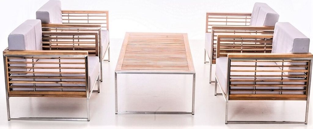 Gartenmöbel Lounge Set ARTEMIS II creme 5- Teilig mit Kissen Wetterfest Garten Terrasse Balkon UV-Beständig aus Akazienholz und Edelstahl