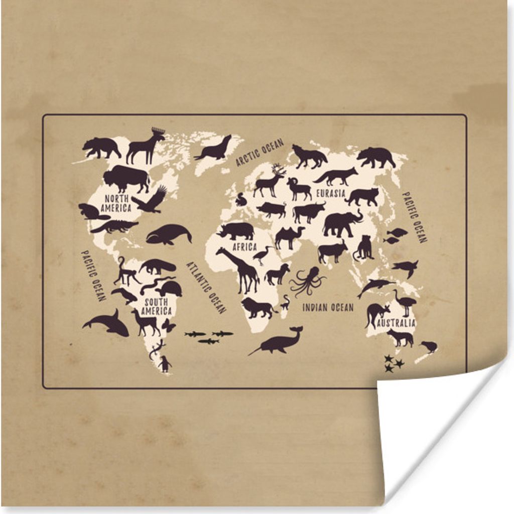 MuchoWow Poster Weltkarte Kinder - Tiere - Braun 75x75 cm - Wand Dekoration
