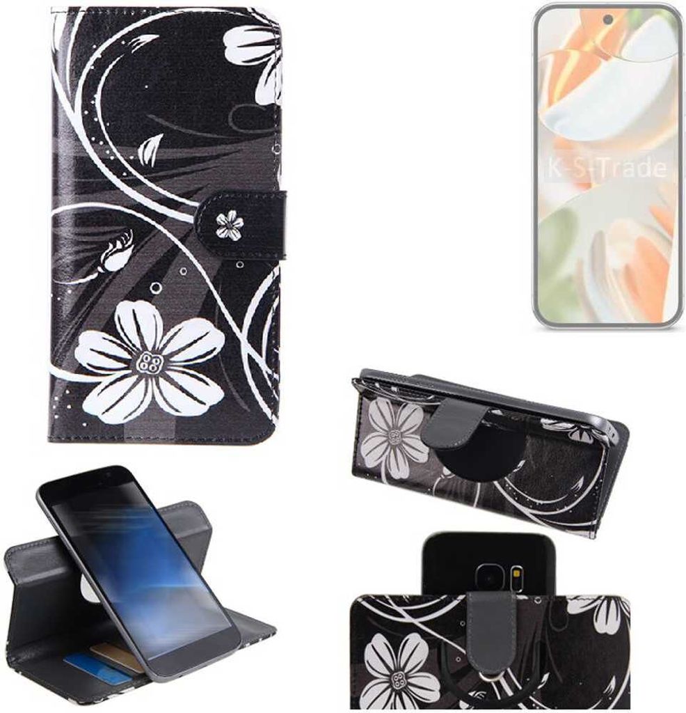 K-S-Trade Schutzhülle Handyhülle kompatibel mit Google Pixel 9 Pro Hülle 360° Wallet Case “Flowers“ Klapphülle Hülle schwarz-weiß 1x