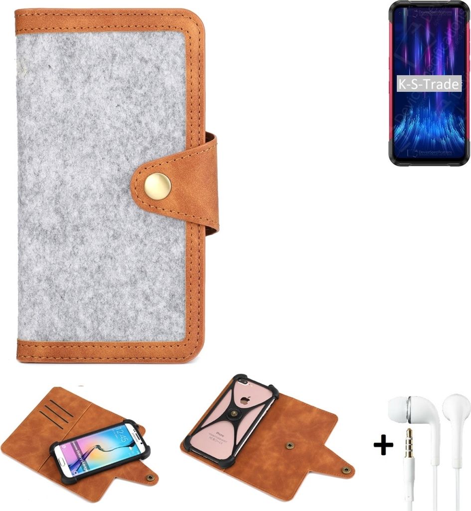K-S-Trade Handyhülle + Kopfhörer kompatibel mit Doogee S97 Pro Schutzhülle Filz Hülle Kunstleder hellgrau braun (1x)