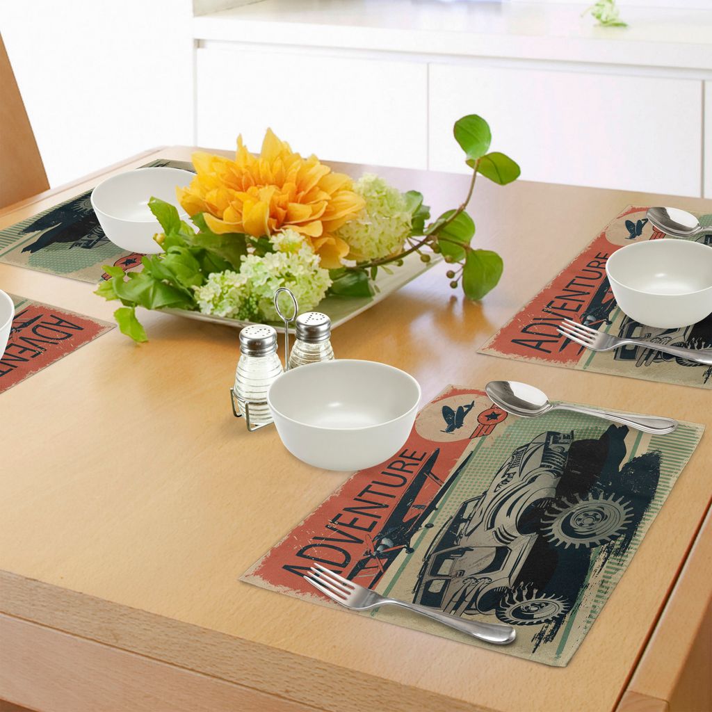 ABAKUHAUS Abenteuer Platzmatten, Gealterte beschädigte Anzeige mit Retro- Elementen Starker Fahrzeug-und Flugzeug-Druck, Tiscjdeco aus Farbfesten ...