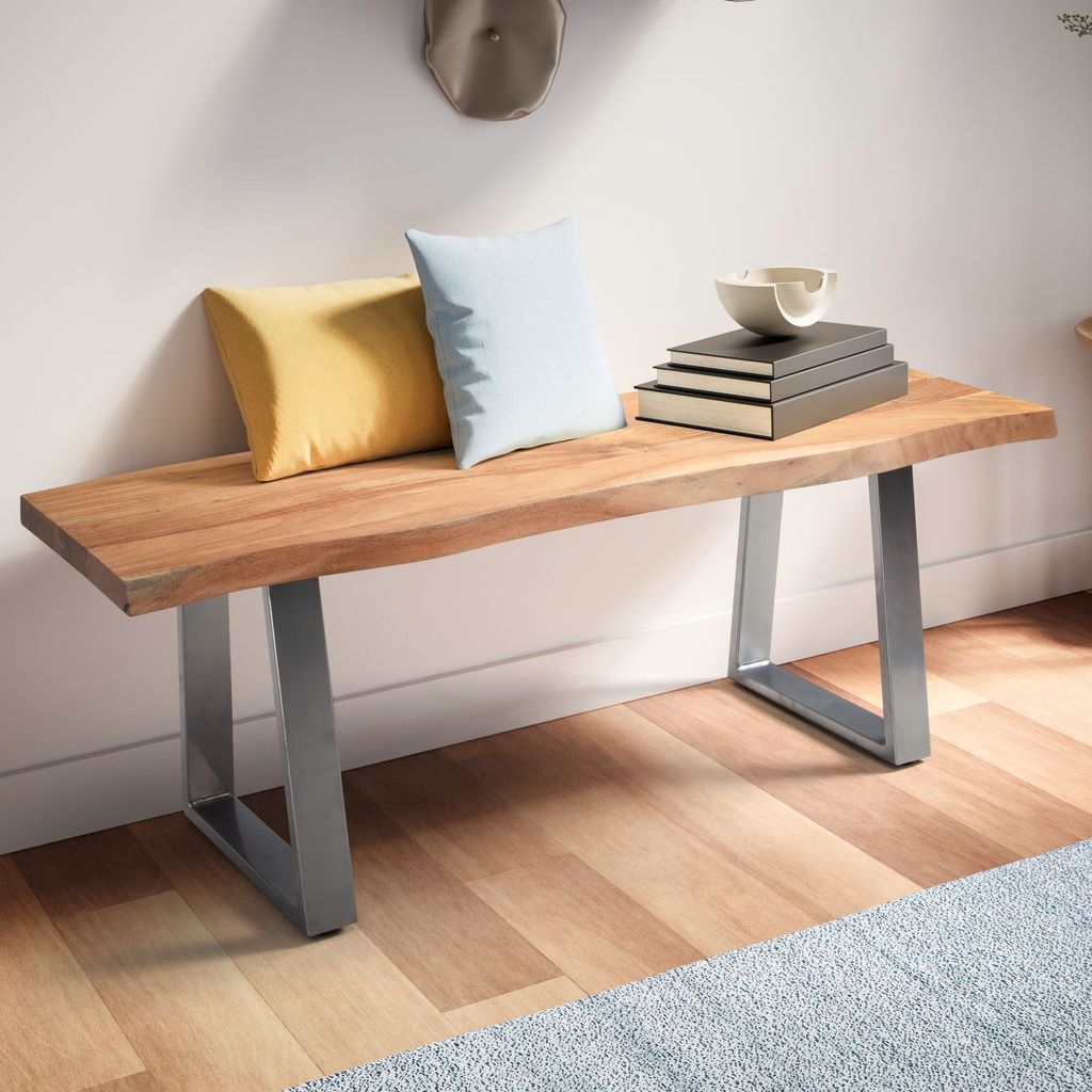 FineBuy Sitzbank 120 cm Massivholz ohne Lehne Baumkante Akazie - Bank für Garderobe - Garderobenbank - Flurbank Holzbank Trapez- Gestell Silber