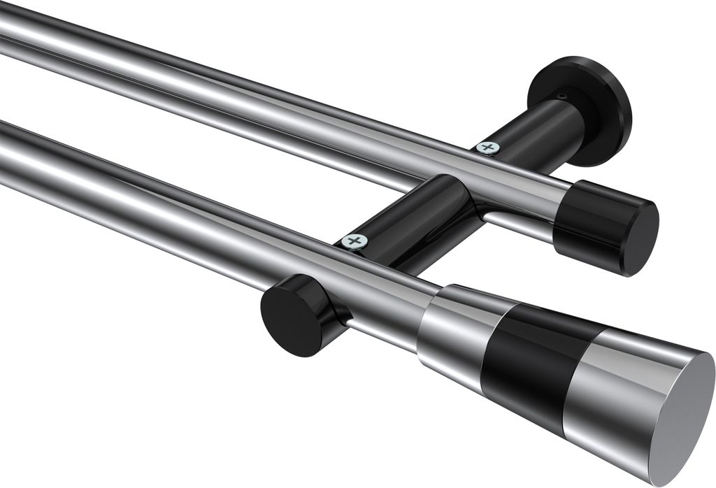 Interdeco Gardinenstange / Vorhangstange Chrom / Schwarz, Typ Platon Tanara (Konus Bicolor) ohne Ringe, 20 mm Ø 2-läufig, 100 cm