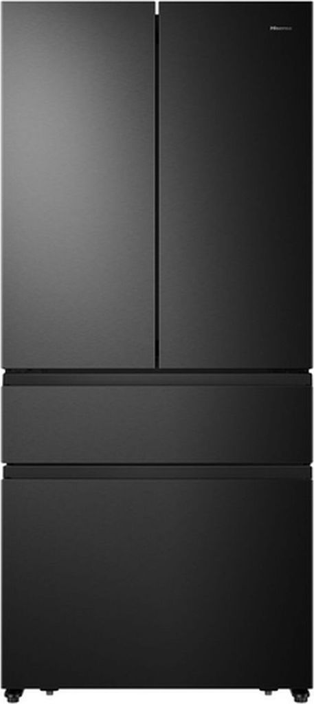 A black Hisense refrigerator with french doors and two drawers.