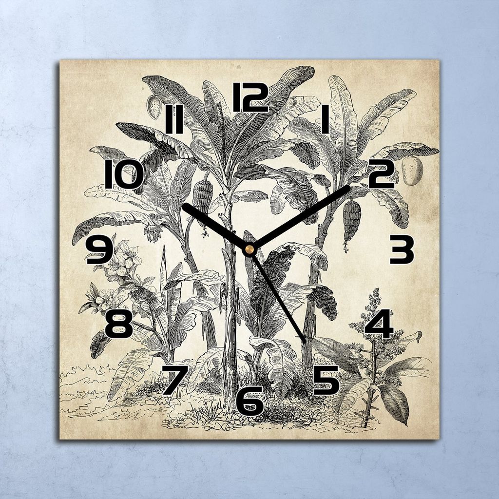Wanduhr Echt-Glas-Küchenuhr Vintage Palmen beige Quarz 30x30 Deko Bilder