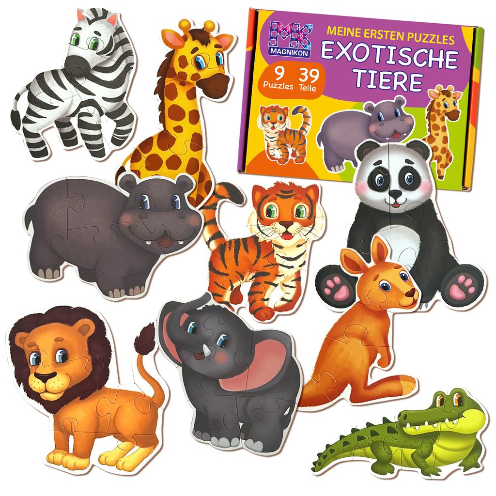 MAGNIKON Puzzles Exotische Tiere Ab 2 3 Jahre - Spielzeug Kinderpuzzle ab 3-5 Jahre - 9 Mein erstes Puzzle- 39 Große Teile Geschenk Für Kinder