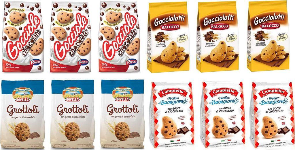 Testpaket Kekse mit Schokoladentropfen Pavesi Gocciole (3 x 500 g) + Balocco Gocciolotti (3 x 350 g) + Campiello Frollini del Buongiorno (3 x 350 g...