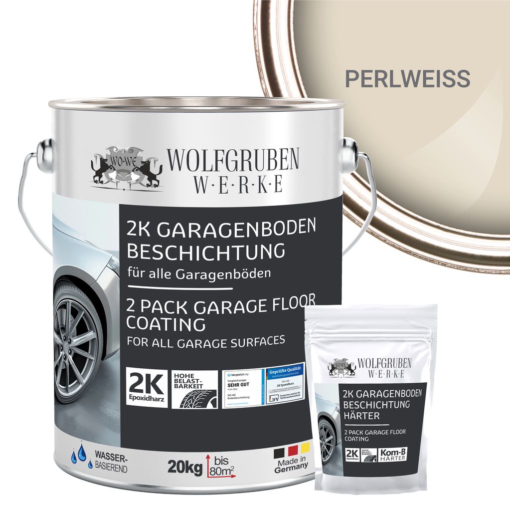 2K Garagenbodenbeschichtung Garagenfarbe Garagenbodenfarbe Epoxidharz Bodenbeschichtung für Garage Werkstatt Keller - Perlweiß l 20kg