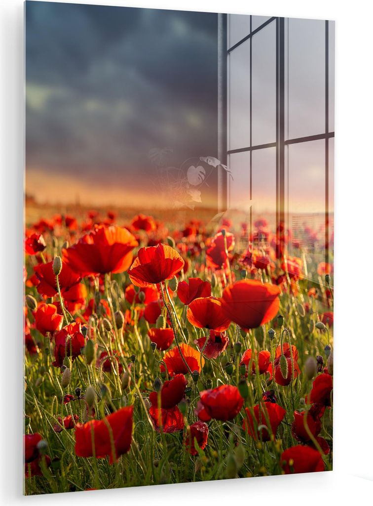 MuchoWow Glasbilder - Bilder auf Wandbild - Foto auf Glas Sonnenuntergang - Mohnblumen - Rot - Blumen - Feld - Natur 60x80 cm Wanddekoration aus Gl...