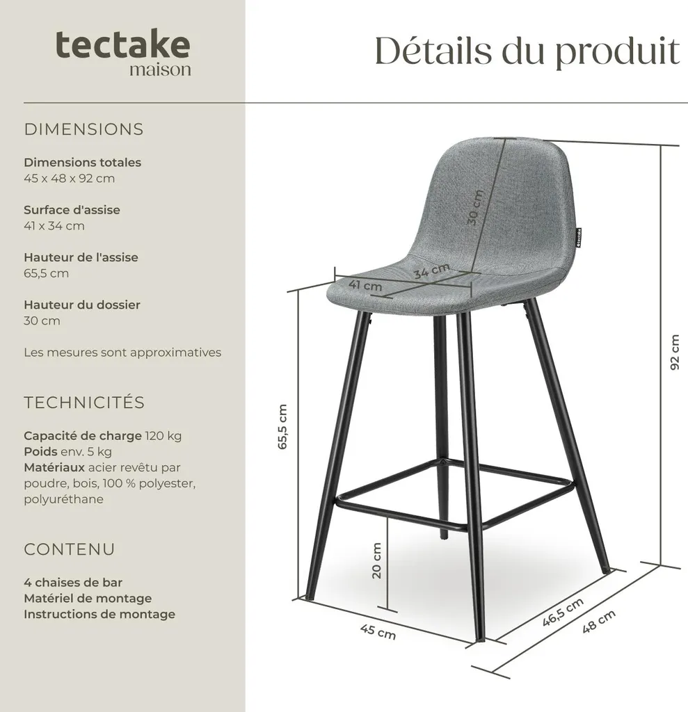 Tabouret de bar WILLOW stable et confortable pour dos sensible - Lot de 4 - 6