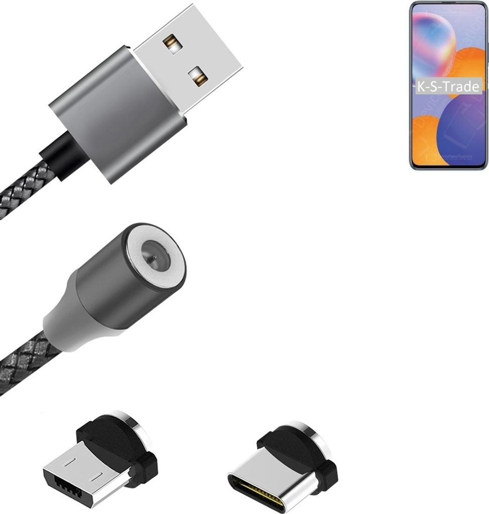 K-S-Trade Hochwertiges Magnet-Lade-kabel Sync-Kabel Daten-Kabel für Huawei nova Y9a mit USB-Typ-C-Anschluss und Micro-USB-Anschluss 2A bis zu 480mbps