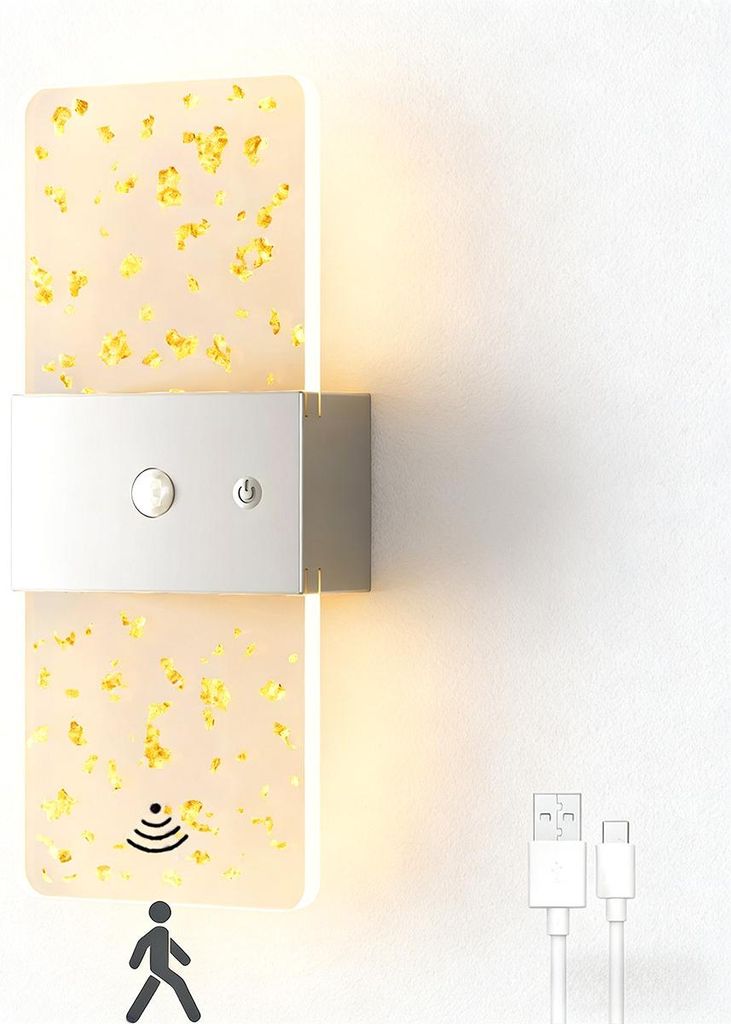 LED Wandleuchte mit Sensor – Doppelkopf, USB Aufladbar, Acryl, Dimmer Schalter 3000K/4500K/6500K