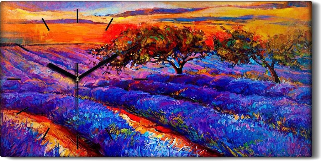 Wanduhr Bürouhr Leinwand Bild Geräuschlos 60x30 Sonnenuntergang Lavendelfelder - schwarze Hände