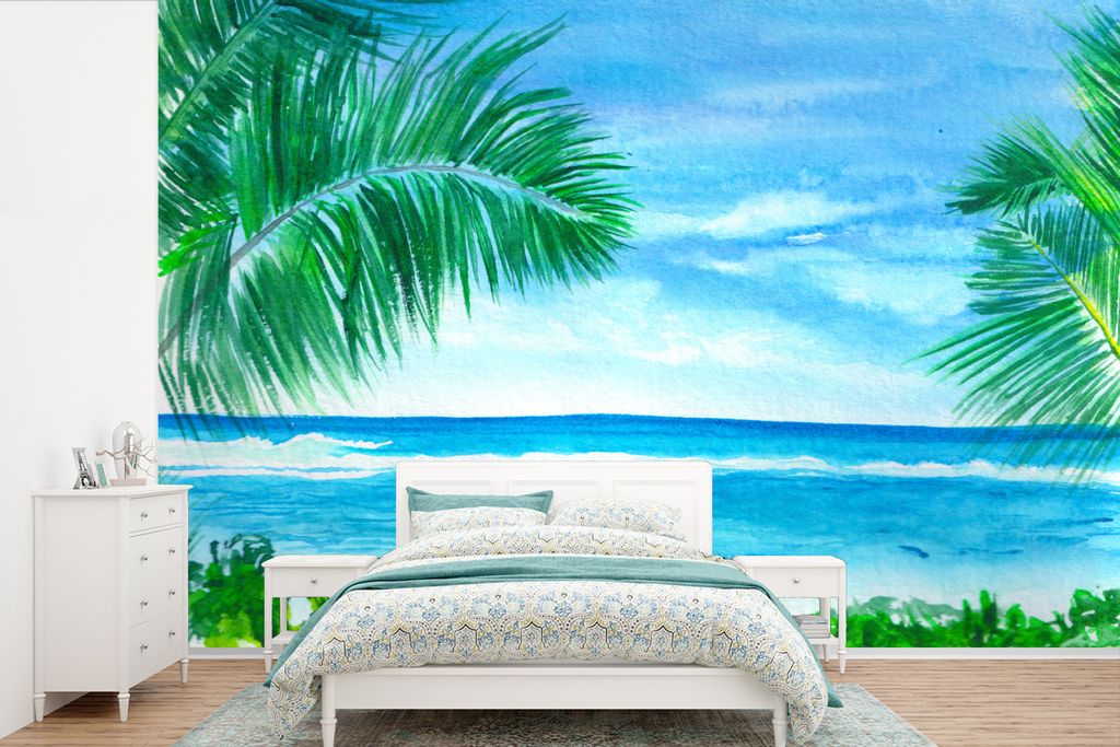 MuchoWow Fototapete für Wohnzimmer oder Schlafzimmer Wandtapete Vinyl Motivtapete Meer - Pflanze - Aquarell - 360x240 cm - Vinyl-Tapete