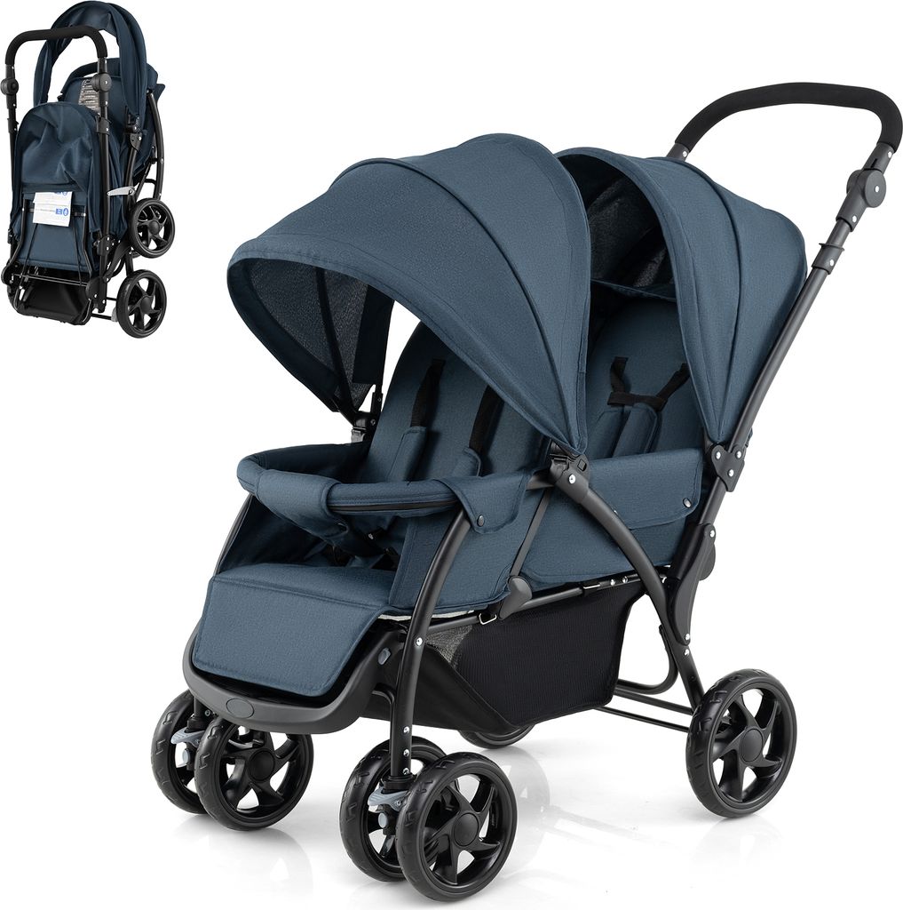 A blue double stroller is shown against a white background. A smaller image of the stroller folded is in the upper left corner.