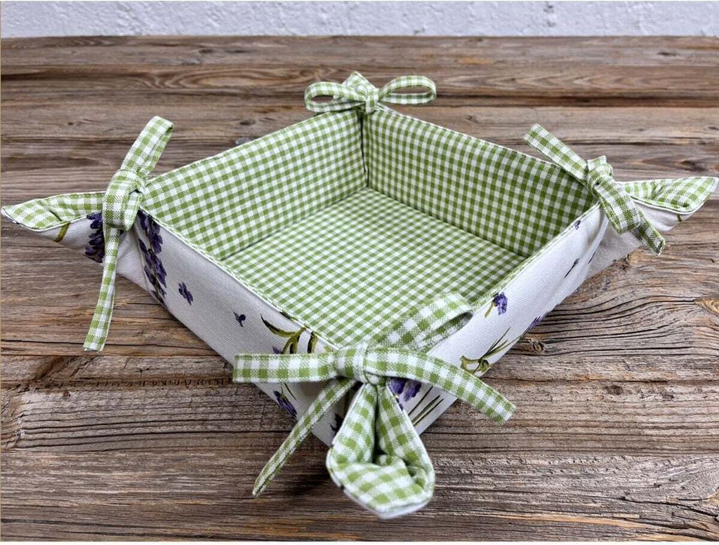 Brotkorb aus Stoff LAVINA Weiß Grün, Lavendel Karo, in 20x20 cm