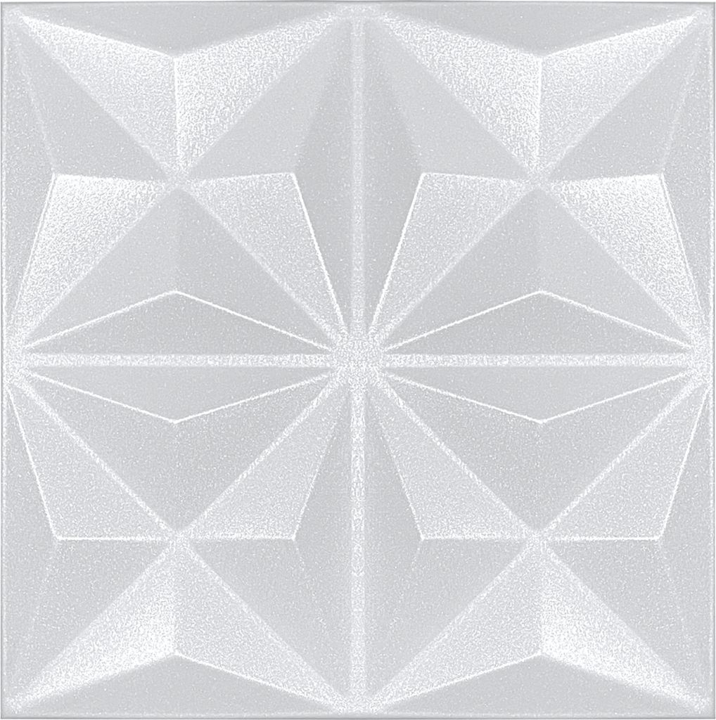A close-up, full-frame shot of a white textured wall panel with a geometric, faceted design.