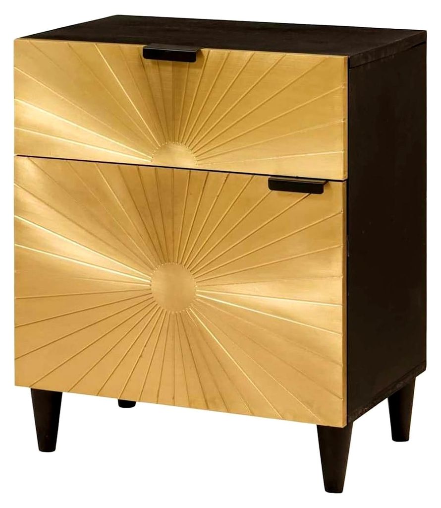 Nachttisch mit Schublade und Tür, Beistelltisch, kleiner Nachtkästchen für Schlafzimmer und Wohnzimmer, Schwarz und Gold 50x33x60 cm aus massive...
