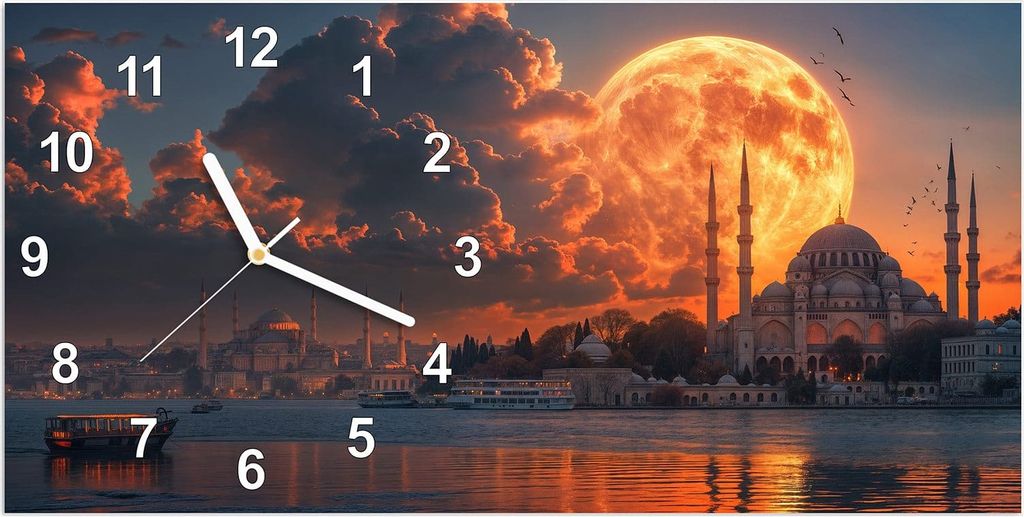 Wanduhr aus Glas mit Motiv Mond über Istanbul- 60 x 30 cm - inkl. Aufhängesystem