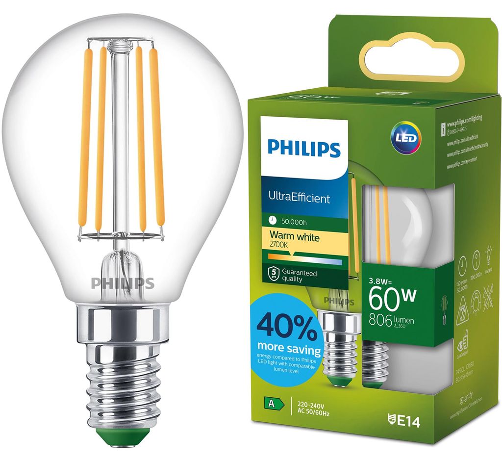 Philips Filament-Lampe Tropfenform, transparent, 60 W P45 E14, 3,8 W, 60 W, E14, 806 lm, 50000 h