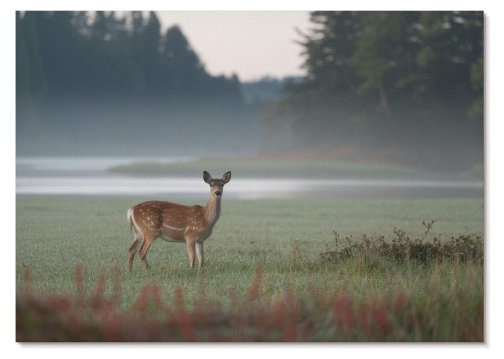 POSTER - 84x59 cm (A1) - Ivara - Hirsche vor dem Hintergrund nebliger Wiesen und Wälder - Wandbild für Wohnzimmer Schlafzimmer & Flur, Modernes P...