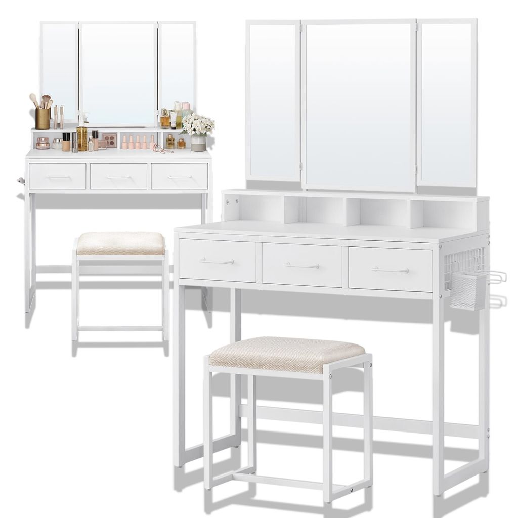 Schminktisch mit Spiegel mit Hocker, 3 Schubladen, 4 Fächern Frisiertisch für Make-up, Kosmetiktisch Kommode für Make-up, Regale, Schreibtisch, ...