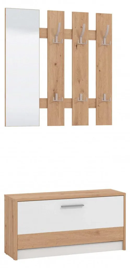 Meuble d'entrée Ferdinand bois naturel et blanc avec penderie 18 places