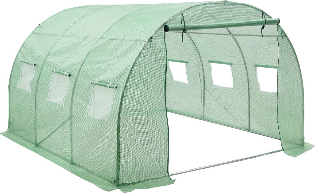 A green greenhouse tunnel with windows, shown from the front with an open entrance.