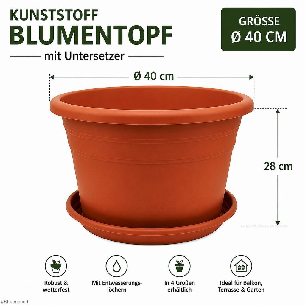 Kunststoff Blumentopf mit Untersetzer – Größe Ø 40cm - Produktbild 