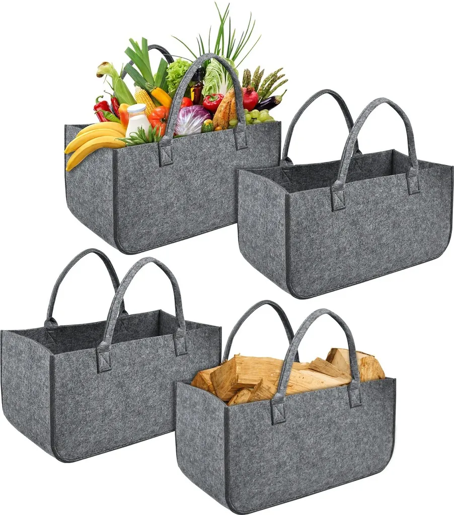 YARDIN Lot de 4 Grands Sacs en Feutre Gris Clair pour Bois de Cheminée