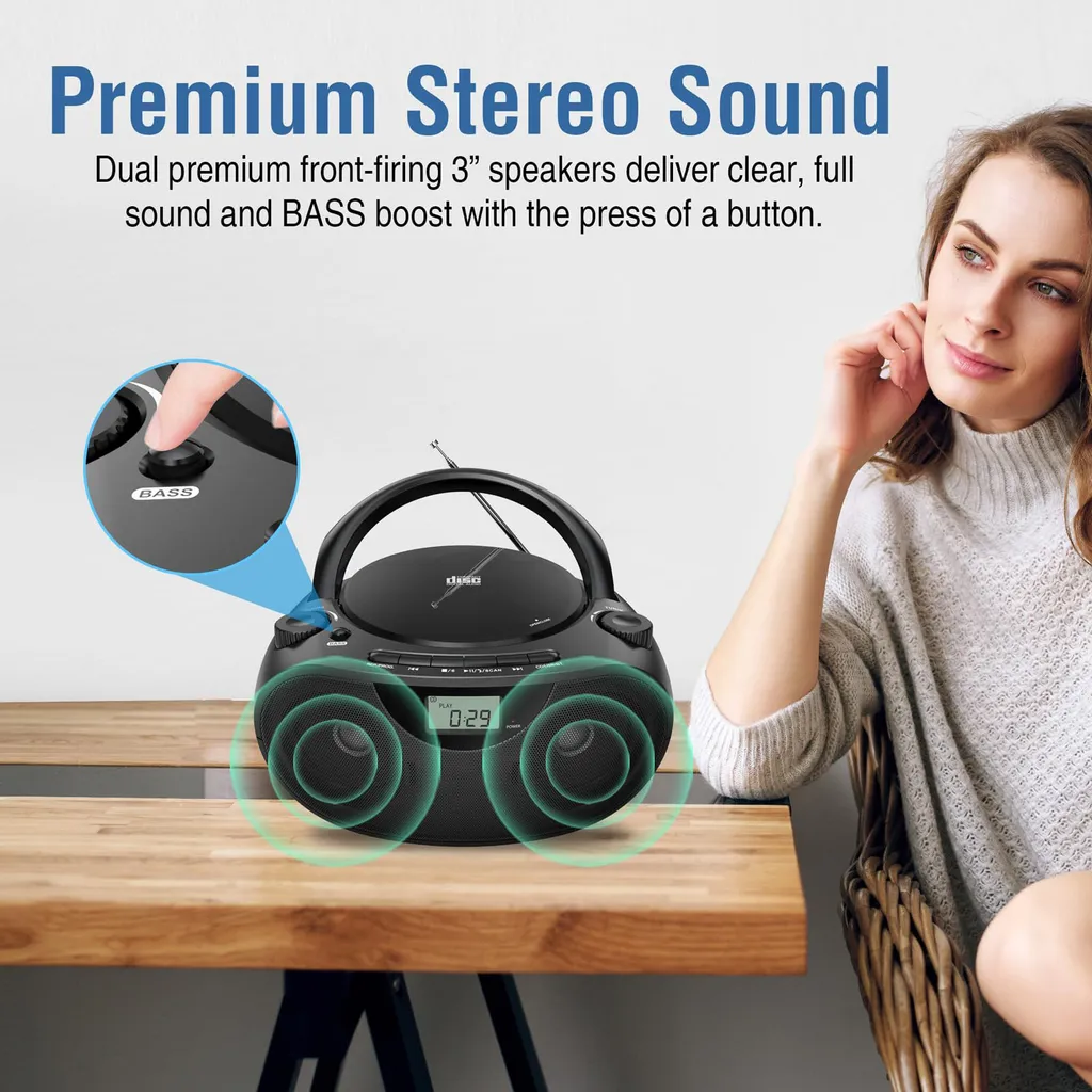 Lecteur CD Portable ZELURXX Boombox Bluetooth 5.0 et Radio FM - Noir - 6
