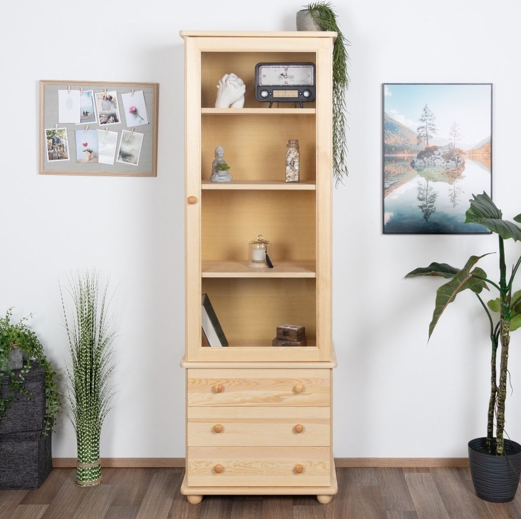 Esszimmerschrank, Vitrine, 65 cm breit, Kiefer massiv, Optik: Natur