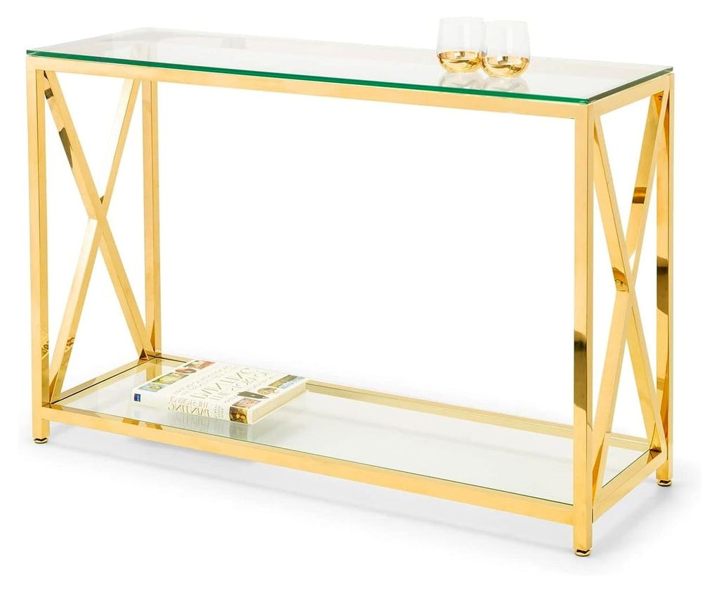 Miami Konsolentisch Gold aus Edelstahl und Glas, Kreuzrahmendesign, 120x40x75 cm