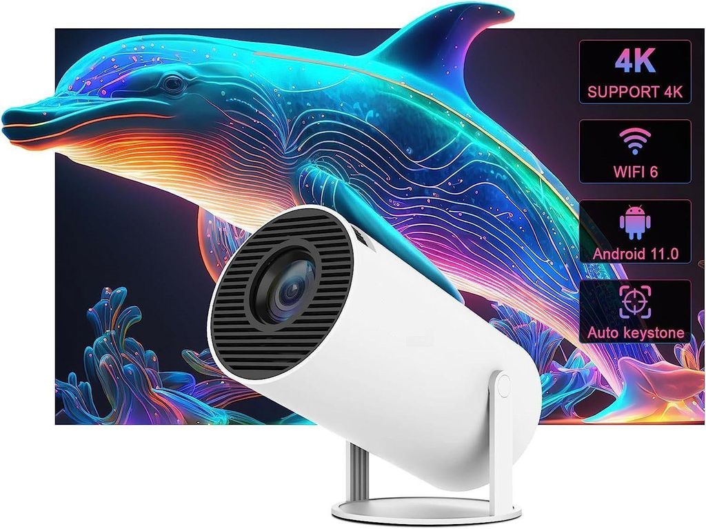LQWELL Mini Tragbarer Beamer Trapezkorrektur 4K 200 ANSI Smart Projektor WiFi Beamer (10000:1, 1280 x 720 px, 4k Heim Kino Full HD Smart Heimkino