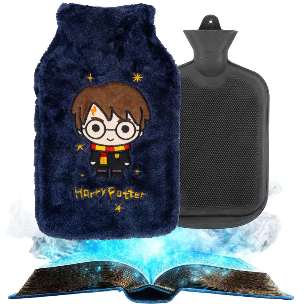 A Harry Potter themed hot water bottle with a plush cover is shown next to a plain black hot water bottle, with an open book emitting light and smoke at the bottom.