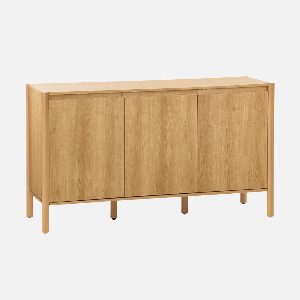 A wooden sideboard with three doors and legs, shown against a white background.