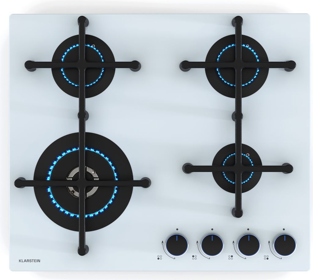 Klarstein Illuminosa 4 Gaskochfeld - 4 Sabaf-Brenner, 4 kW Wokbrenner, Gehärtetes Glas, Elektrische Zündung, Gasherd Kompatibel, Verbesserte Koch...