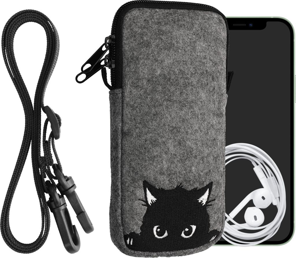 kwmobile Handytasche für Smartphones XXL - 7" - Filz Handy Hülle Grau Schwarz - Handy Tasche mit Kette 17,7 x 8,5 cm Innenmaße - Neugierige Katze