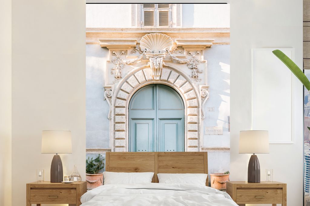 MuchoWow Fototapete für Wohnzimmer oder Schlafzimmer Wandtapete Vinyl Motivtapete Tür - Architektur - Blau - Haus - 180x280 cm - Wallpaper