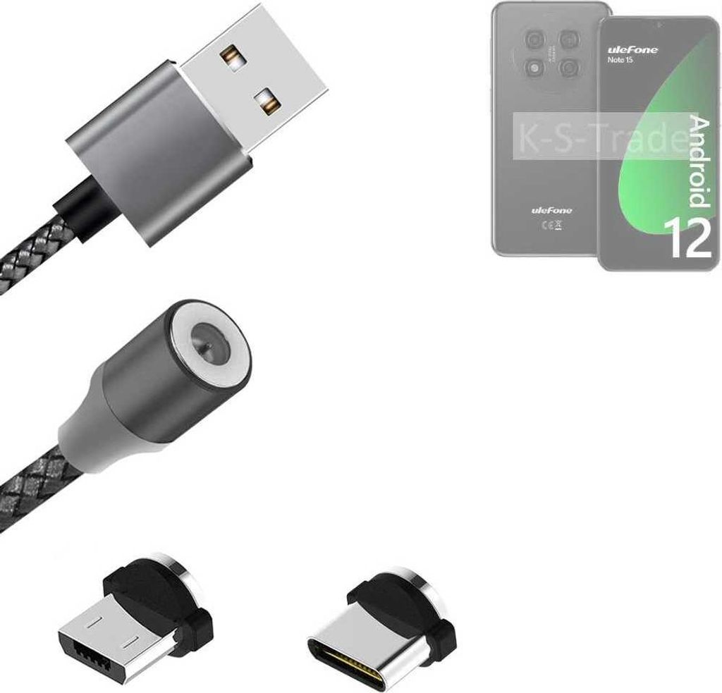 K-S-Trade Hochwertiges Magnet-Lade-kabel Sync-Kabel Daten-Kabel kompatibel mit Ulefone Note 15 mit USB-Typ-C-Anschluss und Micro-USB-Anschluss 2A bis