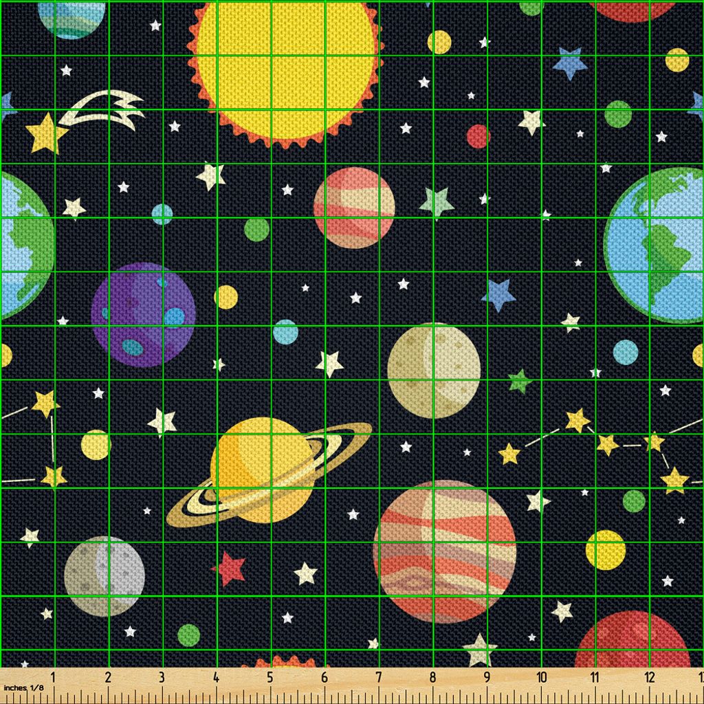 ABAKUHAUS Platz Satin Stoff als Meterware, Kometen und Konstellationen Sterne mit Polka Dots Erde Sonne Saturn Mars Sonnensystem, 3 M (148 x 300 cm...