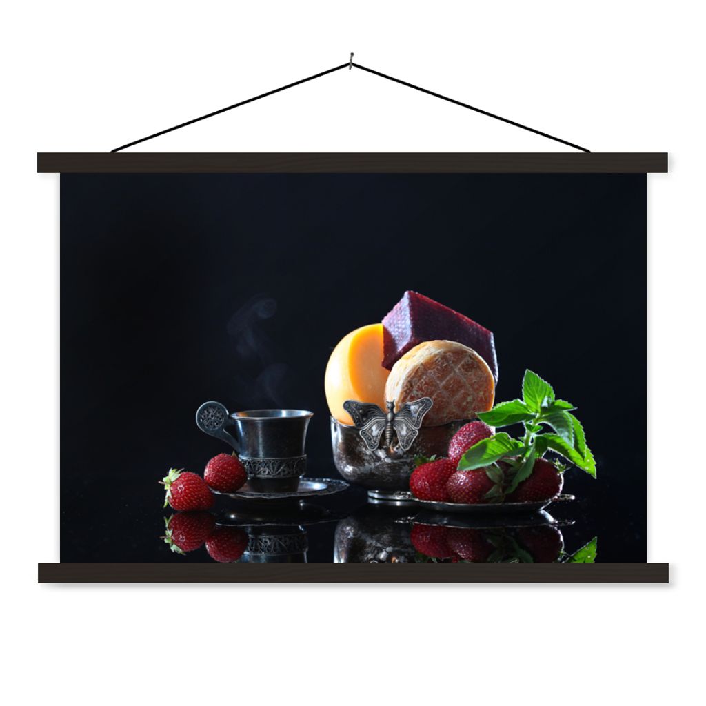 MuchoWow Textilposter Rustikal - Obst - Käse - Tisch - Stilleben 120x80 cm mit schwarzem Rahmen - Wanddeko