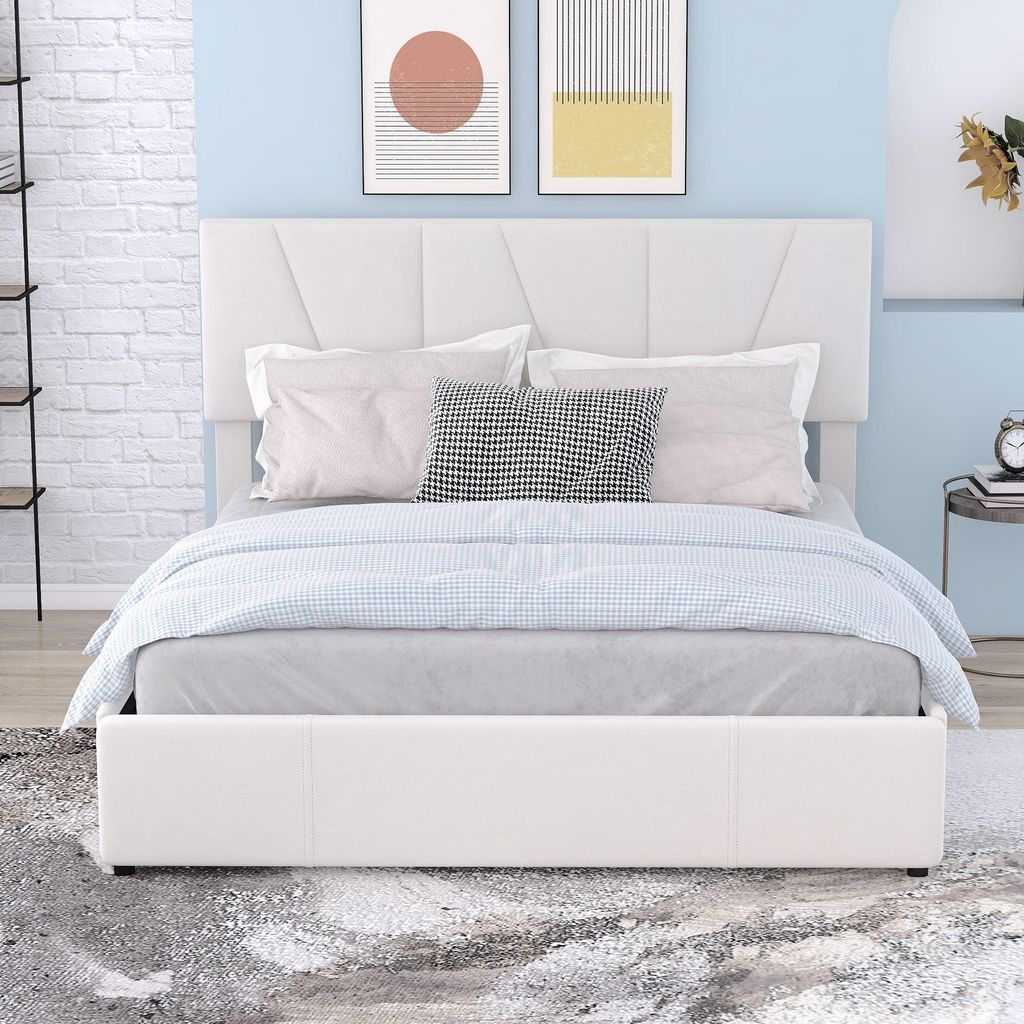 Weiß 140x200cm Doppelbett (Ohne Matratze) Polsterbett Plattform Bett mit vier Schubladen auf zwei Seiten Verstellbares Kopfteil Jugendbett