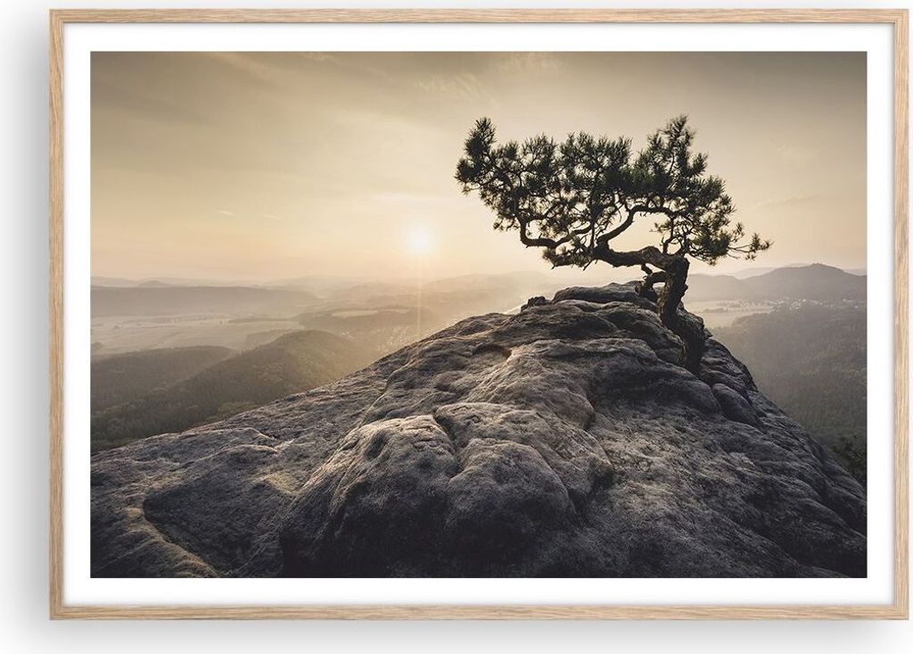 Gerahmtes Poster - Rahmen in heller Eiche - Alt Kiefer Berge - 100x70 cm - Wand Bild - Wanddeko - Wandbilder - Wandposter - Bilderrahmen - Bilder -...